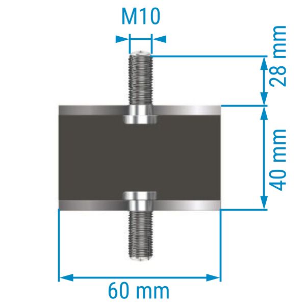 Metall-Gummipuffer TYP 1 (A), beidseitig Außengewinde, Durchmesser 60 mm,  Gewinde M10, Höhe 40 mm (Nr. 462435) 