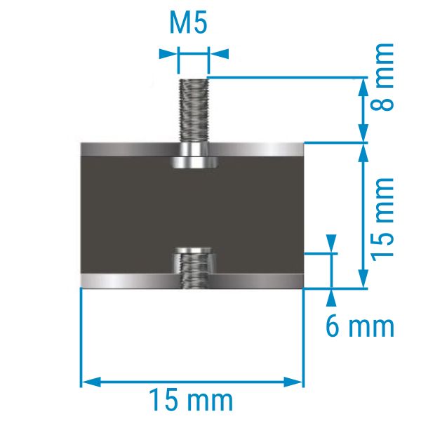 Metall-Gummipuffer TYP 2 (B), einseitig Außengewinde / einseitig  Innengewinde, Durchmesser 15 mm, Gewinde M5, Höhe 15 mm (Nr. 462450)