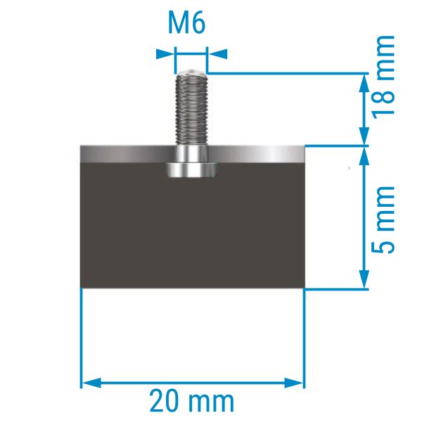 Metall-Gummipuffer TYP 4 (D), einseitig Außengewinde, Durchmesser 20 mm,  Gewinde M6, Höhe 5 mm (Nr. 462512) 